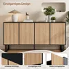 A modern sideboard with a unique ribbed wood-look front and black accents, displayed in a minimalist living room setting. The image includes close-up insets highlighting specific design features. Anteprima dell’immagine prodotto