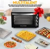 A collage showcasing a black Stillstern multi-talent oven, along with various food items it can prepare, such as french fries, pizza, and kebabs, and cooking accessories like oven mitts. Produktbild-Vorschau