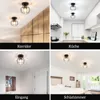 Collage of four images showing a modern black ceiling lamp with crystal accents in different room settings: hallway, kitchen, entrance, and bedroom. Náhled obrázku produktu