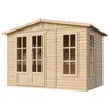 A wooden garden house with double doors and windows, presented on a white background. Produktbild-Vorschau