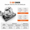 A 3-jaw chuck is shown with diagrams and a specification table. Produktbild-Vorschau