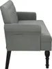 Side view of a gray upholstered sofa bed. The sofa has tufted back cushions and a straight seat and armrests. It rests on dark, turned wooden legs. Produktbild-Vorschau