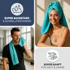 A collage of images showcasing a teal microfiber towel, with one image featuring a woman wearing it as a head wrap and another showing a man wiping his face with it. Text overlays highlight product features. Produktbild-Vorschau