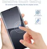 A hand is shown touching a smartphone screen, with graphics indicating features of a screen protector. Produktbild-Vorschau