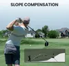 A golfer is shown mid-swing on a golf course, with an inset diagram illustrating slope compensation. Anteprima dell’immagine prodotto