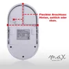 The back of a white LED outdoor light fixture is shown with dashed lines indicating flexible connection points and text describing these options. Produktbild-Vorschau