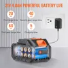 A battery pack for a power tool is shown connected to a charger, with text highlighting its features and performance. Produktbild-Vorschau