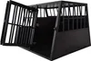 A black metal dog crate with the front door open. Produktbild-Vorschau