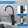 A hand is wiping a black kitchen faucet with a cloth. The image is split into sections highlighting product features. Náhled obrázku produktu