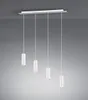 A modern, multi-pendant light fixture with four cylindrical white lamps hanging from a white rectangular base. Anteprima dell’immagine prodotto