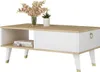 A modern coffee table with a drawer and open shelving, decorated with a vase of flowers and a small potted plant. Produktbild-Vorschau