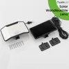 A solar wall light and its separate solar panel are displayed on a white background, along with mounting hardware. Produktbild-Vorschau
