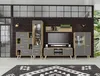 A modern living room setup featuring a TV stand, display cabinets, and a tall storage unit against a brick wall. Náhled obrázku produktu
