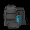 A set of school supplies including a backpack, pencil case, and water bottle, arranged against a black background. Produktbild-Vorschau