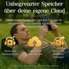 A man is lying on the grass, looking at an e-reader. Icons and text describe cloud storage features. Produktbild-Vorschau