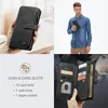 Collage of images showing a black wallet phone case, a man holding a wallet phone case, and a close-up of the wallet phone case's card slots and zipper. Produktbild-Vorschau