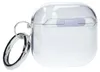 A clear protective case for Apple AirPods with a silver carabiner clip attached. Produktbild-Vorschau
