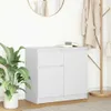 A white sideboard with two drawers and a cabinet door, next to a plant and a coat rack. Produktbild-Vorschau