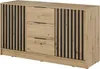 A front view of a wooden dresser with black slatted doors and three drawers.