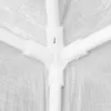Close-up view of a white plastic corner joint connecting multiple white pipes, with a white tarp-like material in the background. Náhled obrázku produktu