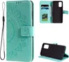 A collage of images showing a teal mandala-patterned phone case with a strap, an open view of the case showing card slots and a phone holder, and a separate black phone holder insert. Produktbild-Vorschau