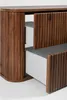 A close-up view of a dark brown wooden cabinet with two drawers, one partially open. Podgląd zdjęcia produktu