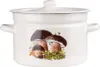 A white enamel pot with a lid, decorated with a mushroom motif. Produktbild-Vorschau