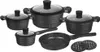 A set of cookware, including pots, a pan, and utensils, is displayed against a white background. Podgląd zdjęcia produktu