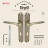 A product image showcasing a pair of bronze-colored door handles and their accessories against a light beige and white background. Produktbild-Vorschau