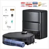 A robot vacuum cleaner and its charging/emptying station are displayed with various accessories and certifications. Produktbild-Vorschau