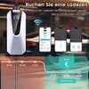 A wallbox EV charger with accompanying smartphone app interfaces and a timeline graphic. Produktbild-Vorschau