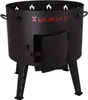 A black metal fire pit with a door and legs, set against a white background. Produktbild-Vorschau