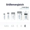 A size comparison chart for different battery types, including a 9-volt block battery. Produktbild-Vorschau