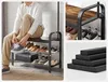 A man is sitting on a shoe rack, tying his shoe. The shoe rack is shown in detail in other parts of the collage, along with some of its components. Produktbild-Vorschau
