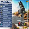 A mini chainsaw and its accessories are displayed against a blurred outdoor background. Produktbild-Vorschau