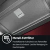 Close-up of a metal grease filter in a kitchen hood, with marketing text describing its features. Produktbild-Vorschau