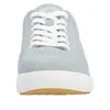 A front view of a light blue sneaker with white laces and a tan sole. Produktbild-Vorschau
