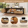 A TV stand with various compartments and drawers, presented with close-up insets highlighting features and text descriptions. Anteprima dell’immagine prodotto