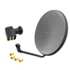 A satellite dish, LNB, and F-connectors are arranged on a white background. Produktbild-Vorschau