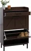 A dark brown shoe cabinet with a drawer and two flip-out compartments, shown against a white background. A small plant and a candle are on the top shelf. Podgląd zdjęcia produktu