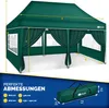 A green pop-up gazebo with dimensions labeled, and a packed gazebo in a bag shown below. Produktbild-Vorschau