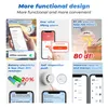 A collage of images showcasing the features of a smart smoke detector, including app interface screenshots, battery indicators, and sound wave graphics. Podgląd zdjęcia produktu