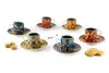 A set of six decorative espresso cups and saucers arranged on a white background, with a few sugar cubes and biscuits nearby. Anteprima dell’immagine prodotto