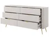 A beige dresser with six drawers, three of which are open, displayed against a white background. Produktbild-Vorschau