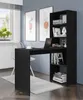 A black desk with integrated shelving unit in a home office setting. Voir les images du produit