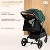 A green stroller with descriptive text overlays highlighting its features. Produktbild-Vorschau