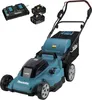 A cordless lawnmower with batteries and a charger, presented against a white background. Náhled obrázku produktu