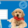 A golden retriever puppy wearing a red bandana is shown in the center of the image against a blue background. There is a white rectangular area on the left, possibly for writing, and some decorative elements like paw prints. Produktbild-Vorschau