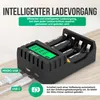 A black battery charger with batteries inserted, connected to USB cables, with a green LCD screen displaying battery status. Produktbild-Vorschau