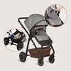 A gray and black baby stroller with a brown storage basket, shown with inset images highlighting features. Produktbild-Vorschau